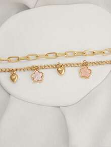 1件 时尚、甜美、奢华的双层粉色五瓣花和心形吊坠手链，适合女孩佩戴 - 彩色 - 查看 5