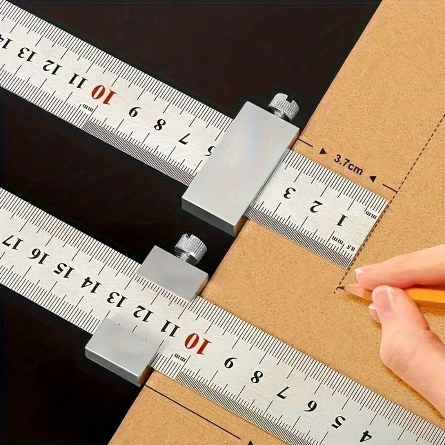 4-Piece Precision Stainless Steel Ruler & Aluminum Alloy Limiting Set - High-Precision Marking Tool For Designers, Engineers & Woodworkers (1 Limiting Set + 3 Steel Rulers) - Silver - View 1