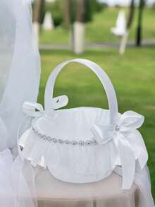婚礼花篮，手提花篮，带花环蕾丝，带提手，适用于婚礼装饰和婚礼仪式用品 - 白色 - 查看 5