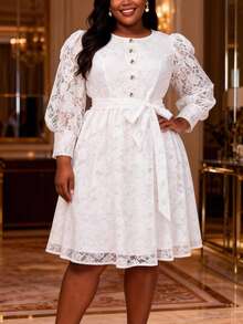 Plus Size White Lace Midi Dress, Long Puff Sleeves, A-Line Flare Skirt, Waist Belt Design, Dignified And Elegant Church Dress - 白色 - 查看 3