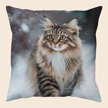 1 件传统雪中猫印花装饰抱枕套，17.7 * 17.7 英寸布艺靠垫套（不含内枕），卧室、客厅、办公室、沙发的家居装饰