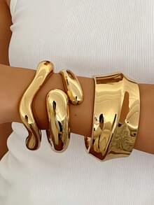 3件/1件 复古优雅时尚夸张宽版CCB金属几何不对称交叉水滴波浪光滑开口手镯套装，简约个性化嘻哈奢华高端，适合女性，度假派对约会礼物，四季皆宜的百搭配饰 - 彩色 - 查看 3