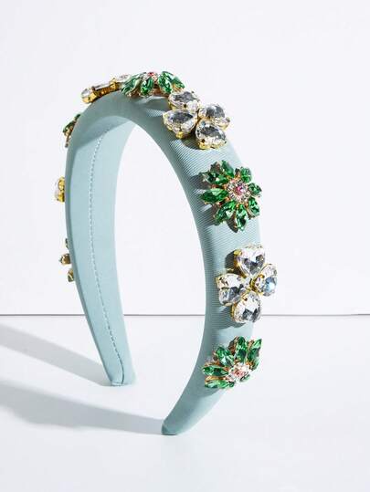 1pc Solid Color Fabric Sponge High Crown Stylish Women Headband, Decorated With Glittering Colorful Gemstone Flowers & Hearts, Sweet & Charming Hair Accessory