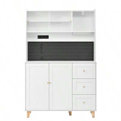 Tall Cabinet With Sockets And Pegboard, Bar Cabinet With Wine Glass Holders And Storage Space, Kitchen Sideboard With Drawers, Ideal For Kitchen And Dining Room (White)