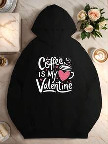 1pc Women-S Plus Size Casual Polyester Hoodie With Coffee Is My Valentine Print, Longeeve, Hooded, Non-Stretch, Geometric Pattern, FallWinter Collection, Regular Length, No Belt, P_399 - Đen 13 - Xem 1
