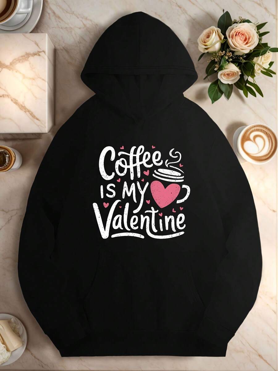 1pc Women-S Plus Size Casual Polyester Hoodie With Coffee Is My Valentine Print, Longeeve, Hooded, Non-Stretch, Geometric Pattern, FallWinter Collection, Regular Length, No Belt, P_399 - Đen 13 - Xem 1