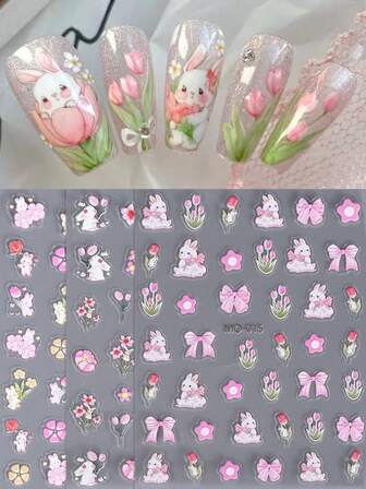 Romantic Pink Rabbit Tulip Nail Stickers, Rabbit Tulip Nail Stickers, Cute Pink Rabbit Nail Stickers, Self-Adhesive 3D Pink Floral & Rabbit Decorative Stickers, Floral & Rabbit Decorative Stickers, Suitable For Full Nail/Decorative Nail Designs, Multiple Size Patterns Suitable For Home Nail And DIY Nail