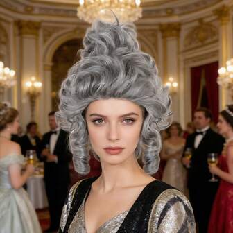 Women's Short Grey Curly Beehive Wig With A Long Fringe, 18th Century Colonial Ladies Cosplay Wig For Party Costume Wig Fluffy Curly Wavy Updo Wig Colonial Princess Wig 18th Century Queen Wig Puffy High Temperature Premium Synthetic Heat Resistant Fiberr Hair Big Bouffant Curly Gray Wig