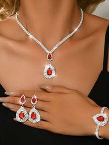 4件套夜店性感水滴吊坠项链、耳环、手链、戒指套装 - 闪亮水晶新娘首饰套装，适合晚宴、派对、婚礼