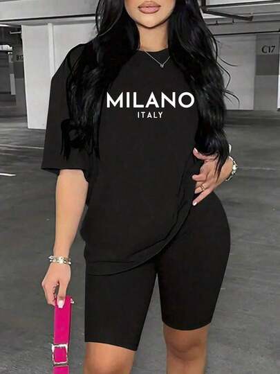 Conjunto de camiseta casual de verano de manga corta holgada para mujeres con shorts, impresión milanocuello redondo milano SR8P
