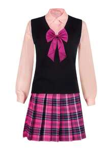 Bộ đồng phục học sinh kiểu Nhật Bản ngọt ngào, gợi cảm: Áo vest màu đỏ đô + Áo thun + Chân váy xếp ly + Nơ lớn, bộ 4 món phù hợp cho tiệc tùng, nhập vai, câu lạc bộ, cosplay, Ngày Valentine. - Nhiều màu - Xem 6