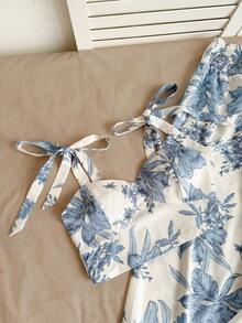 Rusttydustty Floral Print Crop Top And High Waist Wide Leg Pants Set Blue And White Summer Outfit Boho Cruise Women Outfits - Blue and White - View 3