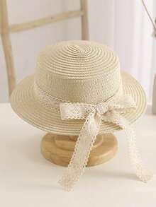 1顶适合3-6岁女孩的防晒平沿蝴蝶结系带草帽，适合户外和海滩佩戴 - 1PC - 查看 6