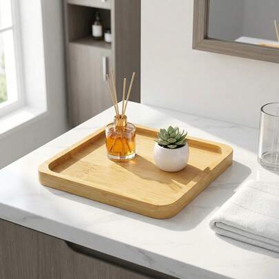 1pc Sleek Square Bamboo Tray: Versatile Storage Organizer For Cosmetics, Bathroom Essentials & Kitchen Supplies | Natural Bamboo Platter For Vanity Makeup, Toiletries, Snacks & Tabletop Decor | Home Organization Tray For Bathroom Countertops, Kitchen Tables & Bedroom Dressers (Ideal For Perfumes, Towels, Small Plants & Daily Items)