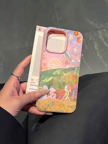 Paisaje de ensueño con sol, montañas, flores, pájaros y un toque surrealista. Esta elegante funda es compatible con los modelos  17, 16, 15, 14 Pro Max, 13, 12, 11, XR y XS Plus. Fabricada en silicona TPU, ofrece protección contra golpes y caídas, además de una sensación superior. Es un regalo ideal para familiares, amigos y seres queridos, y una opción perfecta para Año Nuevo. - Rosa - Ver 1