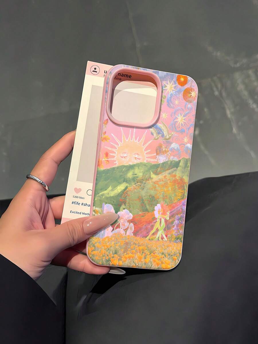 Paisaje de ensueño con sol, montañas, flores, pájaros y un toque surrealista. Esta elegante funda es compatible con los modelos 17, 16, 15, 14 Pro Max, 13, 12, 11, XR y XS Plus. Fabricada en silicona TPU, ofrece protección contra golpes y caídas, además de una sensación superior. Es un regalo ideal para familiares, amigos y seres queridos, y una opción perfecta para Año Nuevo. - Rosa - Ver 1