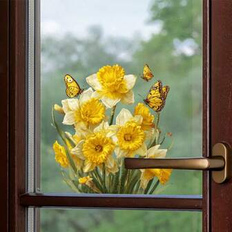 Spring Blooming Narcissus & Butterfly Windows Clings - Fresh And Bright Style - Removable Self-Adhesive PVC Windows Sticker, Suitable For Home, Office, Restaurant, Kitchen, Store, Hmoe Decor