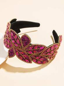1pc Retro Baroque Style Black Headband For Women, Luxury High-Quality Gemstone Leaf Decor, Elegant Palace Style, Versatile Fashion Accessory For Party ,Hair Band ,Diadema ,Hair Hoop - Hot Pink - View 1