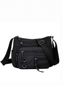 Women's Solid Color Nylon Multi-Layer Zipper Adjustable Shoulder Strap Shoulder Diagonal Crossbody Bag With Metal Decoration - Black - View 5