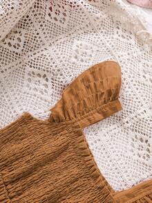 少女纹理面料方领短袖收腰休闲度假连衣裙，春夏款 - 棕色 - 查看 4