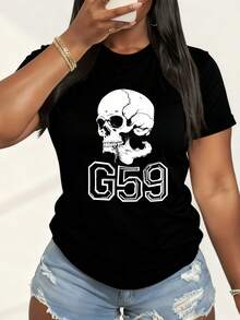 Women's T-Shirts Skull With Goggles And G59 Text 100%, Breathable-4 - Black 5 - View 2