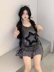 Functional Dystopian Hot Girl Loose Star Embroidery Sleeveless Tank Top, Drawstring Tank Top For Women, Summer Outerwear Casual Vacation - Dark Grey - View 6