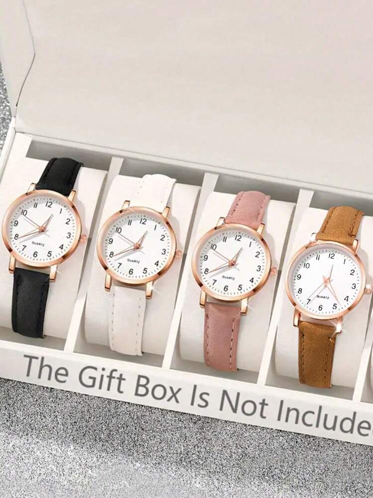 3 Peças Relógios de Quartzo Femininos, Design de Mostrador Redondo Clássico com Pulseiras de Couro Preto, Branco e Rosa, Marcações Numéricas Claras, Confortável e Amigável à Pele, Adequado para Uso Diário e Ocasiões Profissionais - Multicolorido - Visão 13