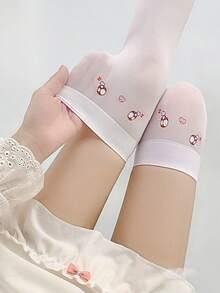1 Pair Cute Shy Face Print Over-The-Knee Socks, Anime/Manga Style, Summer