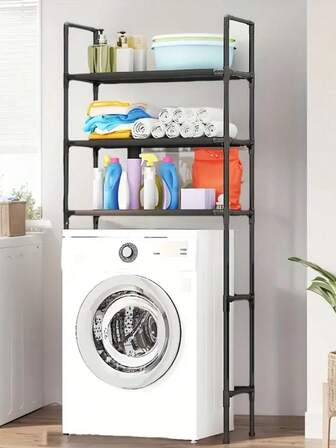 3-Tier Metal Space Saver, Over Toilet Rack, Bathroom Corner Shelf Storage Organizer, Bathroom Shelf, Floor-Standing Toilet Rack, Bathroom Vanity, No Drill Washing Machine, Sink Storage Rack, Bathroom Tower Shelf, Black And White