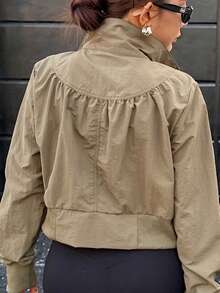 Women's Fitted Zip-Up Stand Collar Short Jacket, Sports Yoga Outerwear With Pockets, Casual Everyday Wear - Army Green - View 6