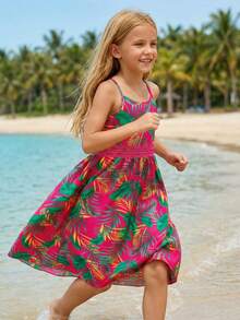 少女热带印花撞色蕾丝吊带裙，休闲沙滩度假连衣裙，无袖夏季女童装 - 彩色 - 查看 5