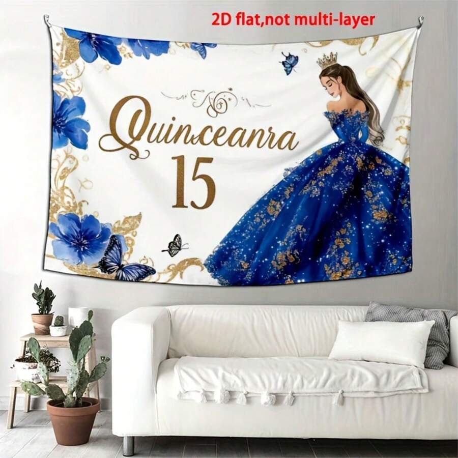 Elegant Quinceanera 15th Birthday Party Backdrop - Royal Blue & Golden Glitter Crown With Butterflies & Floral Design, Polyester Banner For Celebrations, Birthday Party Decorations, No Electricity Needed, Perfect For Anniversaries, Bachelor Parties - 黑色 - 查看 1