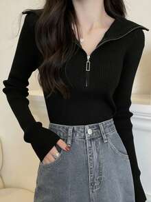 女式修身百搭拉链半领长袖针织毛衣上衣 - 黑色 - 查看 6