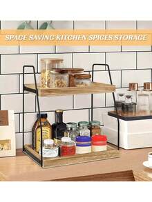 1pc Desktop Coffee Table Storage Rack, Dual-Layer Wooden Organizer Shelf, Suitable For Coffee Bar Accessories, Spice Storage, Applicable For Kitchen, Home, Office - Brown, Kitchen Storage, Room Decor, Fit For Kitchen, Dining Room, Party, Camping, Gathering, Gift For Friends And Family - Multicolor - View 9