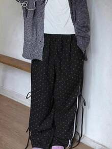 黑色高腰显瘦系带波点直筒休闲裤 - 黑色 - 查看 2