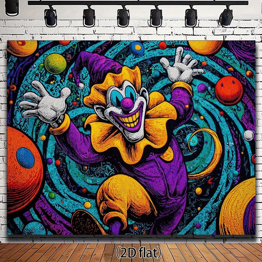 2D Flat, 1pc Clown Party Backdrop With Jester & Balloon Animal Characters - Vibrant Purple, Yellow, Blue, Green, Orange, Pink, Black, Golden, White, Red, Brown - No Electricity Needed, Lightweight For Birthday, Carnival, Circus, Photo Shoot Decorations - Easy Setup Indoor/Outdoor Decoration - 2D Flat Banner With Colorful Clown Swirl & Abstract Patterns For Various Occasions Including First Communion, Tailgate Parties, 2D Flat - màu đen - Xem 1