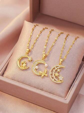 1ชิ้น 2026 News แฟชั่น Zirconia Moon Star Butterfly Five-Pointed Star Rabbit Design จี้ Gold สแตนเลส สร้อยคอ Clavicle Chain สำหรับผู้หญิง สำหรับใส่ทุกวัน สำหรับวันเกิด / ของขวัญวันวาเลนไทน์