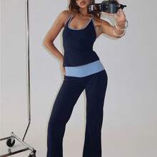 Women Two Piece Outfits Scoop Neck Sleeveless Contrast Color Slim Fit Halter Tops High Waisted Pants Set - Navy Blue - View 3