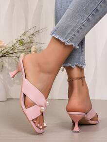 Sandálias com Tiras e Salto Médio Estilo Francês Elegante, Uso Externo de Verão para Mulheres com Vestidos - Rosa chiclete - Visão 7