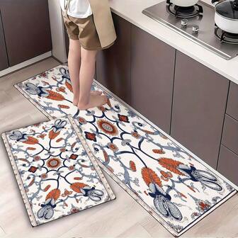 Modern Kitchen Scene With White Cabinetry & Light Wooden Countertop - Decorative Blue/Orange/White Symmetrical Pattern Kitchen Mat, Organized & Neat Kitchen Floor Mat For Tiled Floors