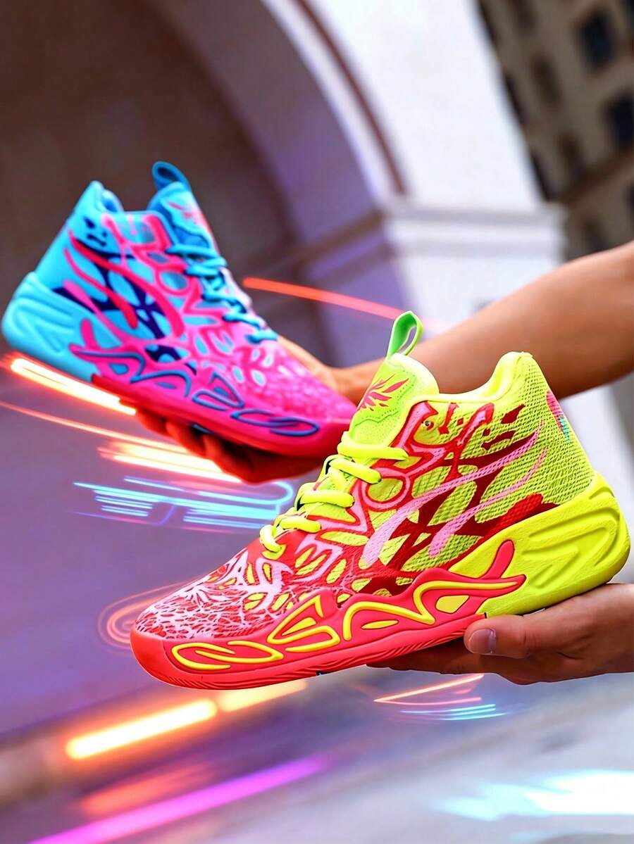 Couple Matching Basketball Sneakers, Camouflage Asymmetrical Painted Uneven Colorful Casual Sports Shoes For Teenagers And Students, Durable Non-Slip Sole, Breathable And Comfortable - Red - View 1