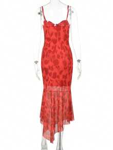 不对称夏季连衣裙，采用全身印花和系带设计，适合派对和鸡尾酒会等场合。 - 紅色 - 查看 2