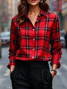 女士格子长袖衬衫领上衣，红白格纹，常规版型，无弹力涤纶面料 - 紅色 - 查看 2