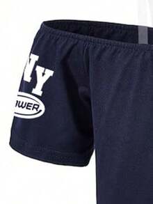 Tween Girl Numeric Print Asymmetrical Shoulder Top And Pants Set - Royal Blue - View 4