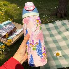 Owal'o 32oz  Stainless Steel Insulated Water Bottle - Keeps Beverages Hot Or Cold For Extended Periods, Available In Various Floral Designs, Features A Pop-Up Lid, Carrying Handle, And Straw, Perfect For Outdoor Activities, Car Use, Sports, And As A Gift. - 粉色 - 查看 2