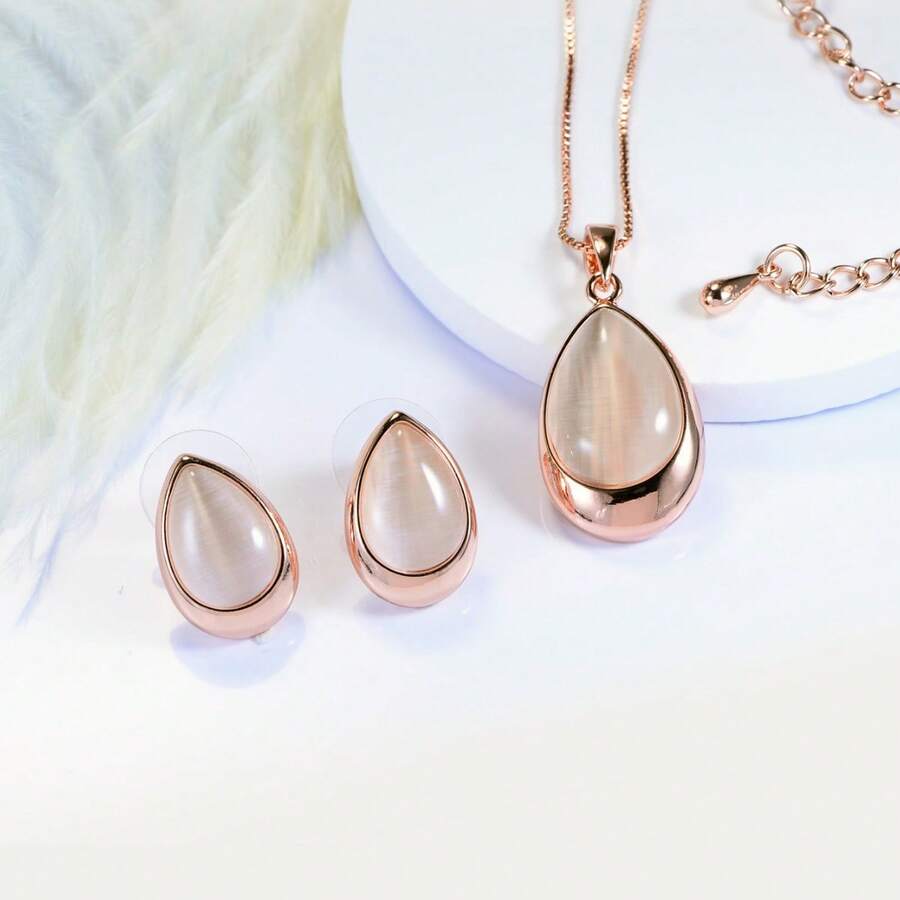 Collar geométrico de oro rosa con incrustaciones de piedra ojo de gato hecho a mano europeo y americano, conjunto de joyería exclusiva para mujeres - colgante de oro - Ver 1
