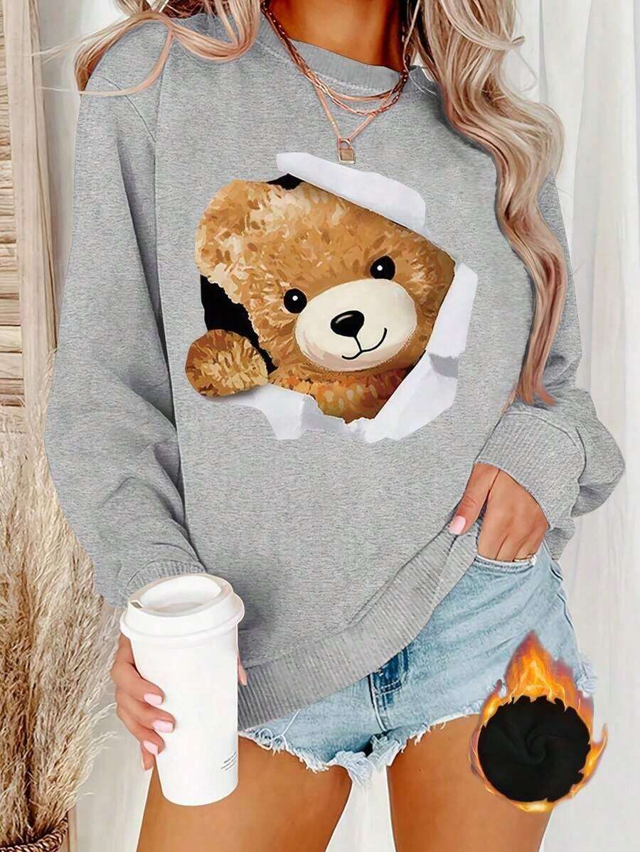 Hoodies For Women2025 New Sweatshirts Women's Teddy Bear Print Round Neck Sweater - Torn Paper Design, Soft And Padded Texture, Machine Washable, Ideal For Casual Fits In Winter And Autumn Loose And ComfortableLoose And Comfortableed Hardy Clothes Tops - 淺灰色 - 查看 1