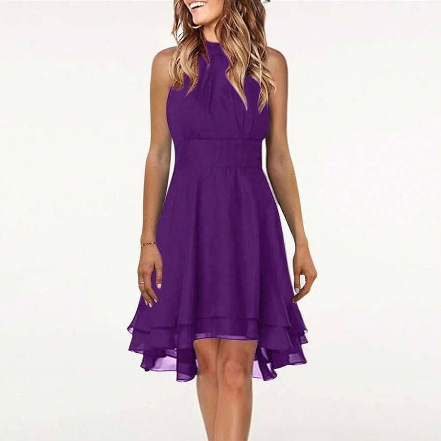 Solid Color Sleeveless Off Shoulder Dress - 紫色 - 查看 1