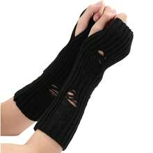 Mrotrida Women's Punk Fingerless Glove Cosplay Ripped Gloves For Halloween Costume Party 1Pair,RippedKnittedBlack - 破洞針織黑色 - 查看 5
