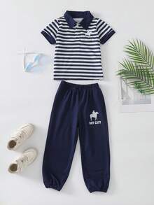 2 件套男童夏季条纹短袖 Polo 衫和松紧腰裤休闲套装 - 藏蓝色 - 查看 2